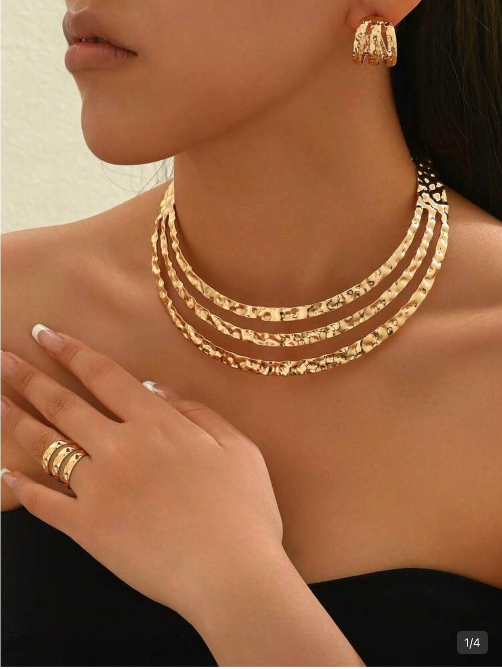 Hammered Gold Multi-Row Statement Choker Necklace
